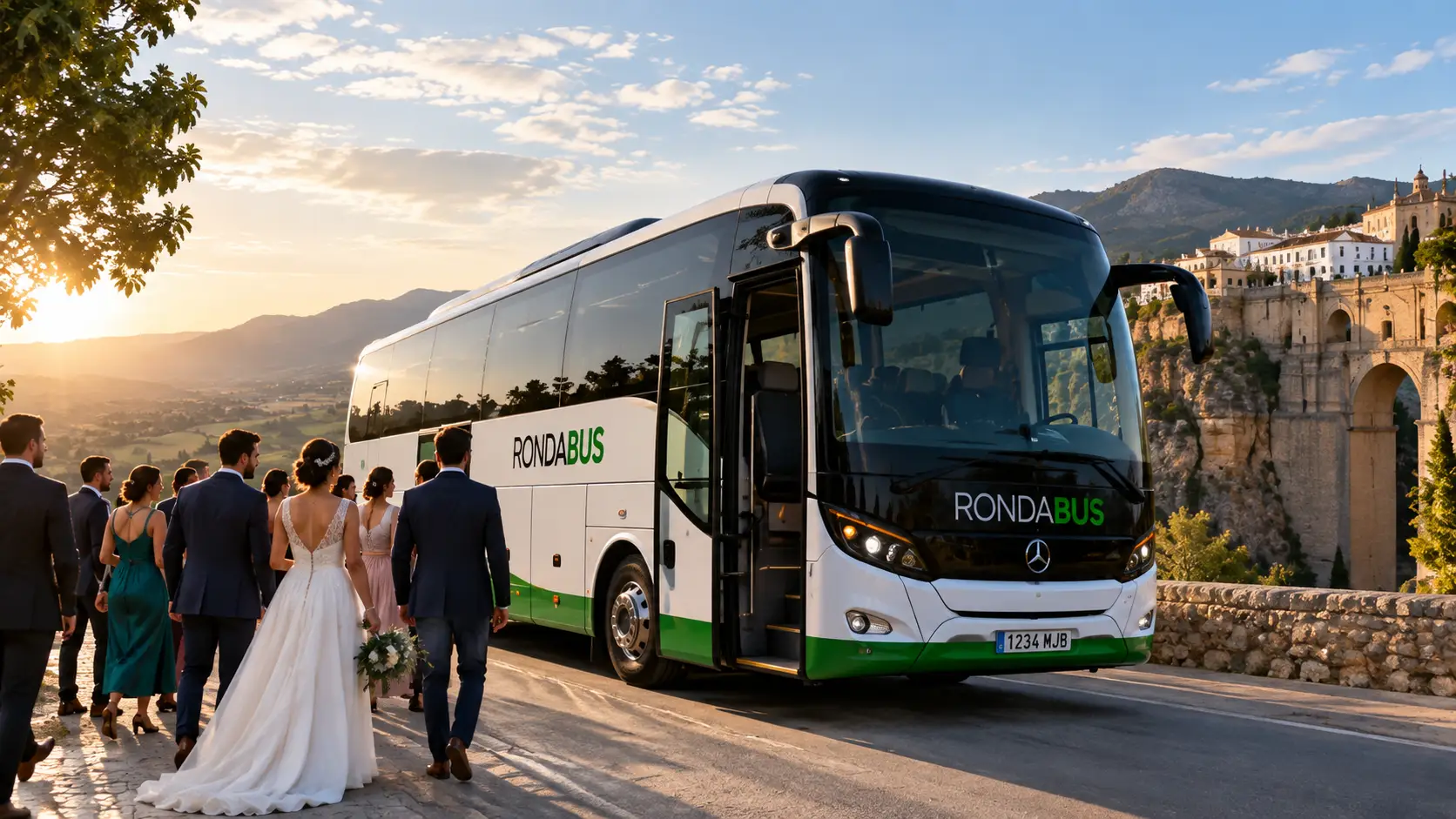Invitados de boda junto a un autobús de Rondabus en Ronda