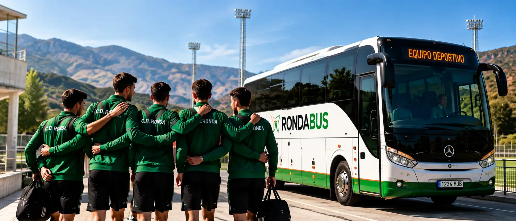Equipo deportivo reunido junto a un autobús de Rondabus