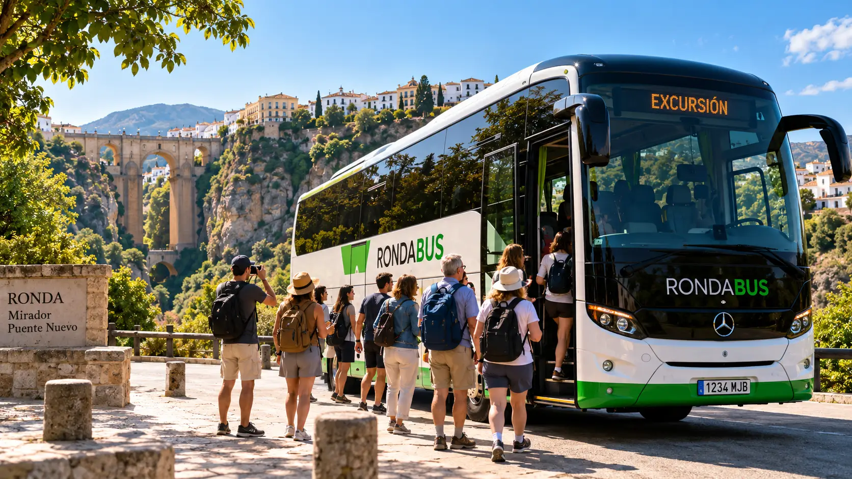 Viajeros accediendo a un autobús de Rondabus durante una excursión en Ronda