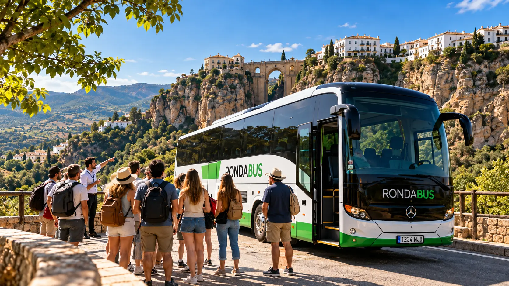 Grupo de viajeros junto a un autobús de Rondabus en Ronda