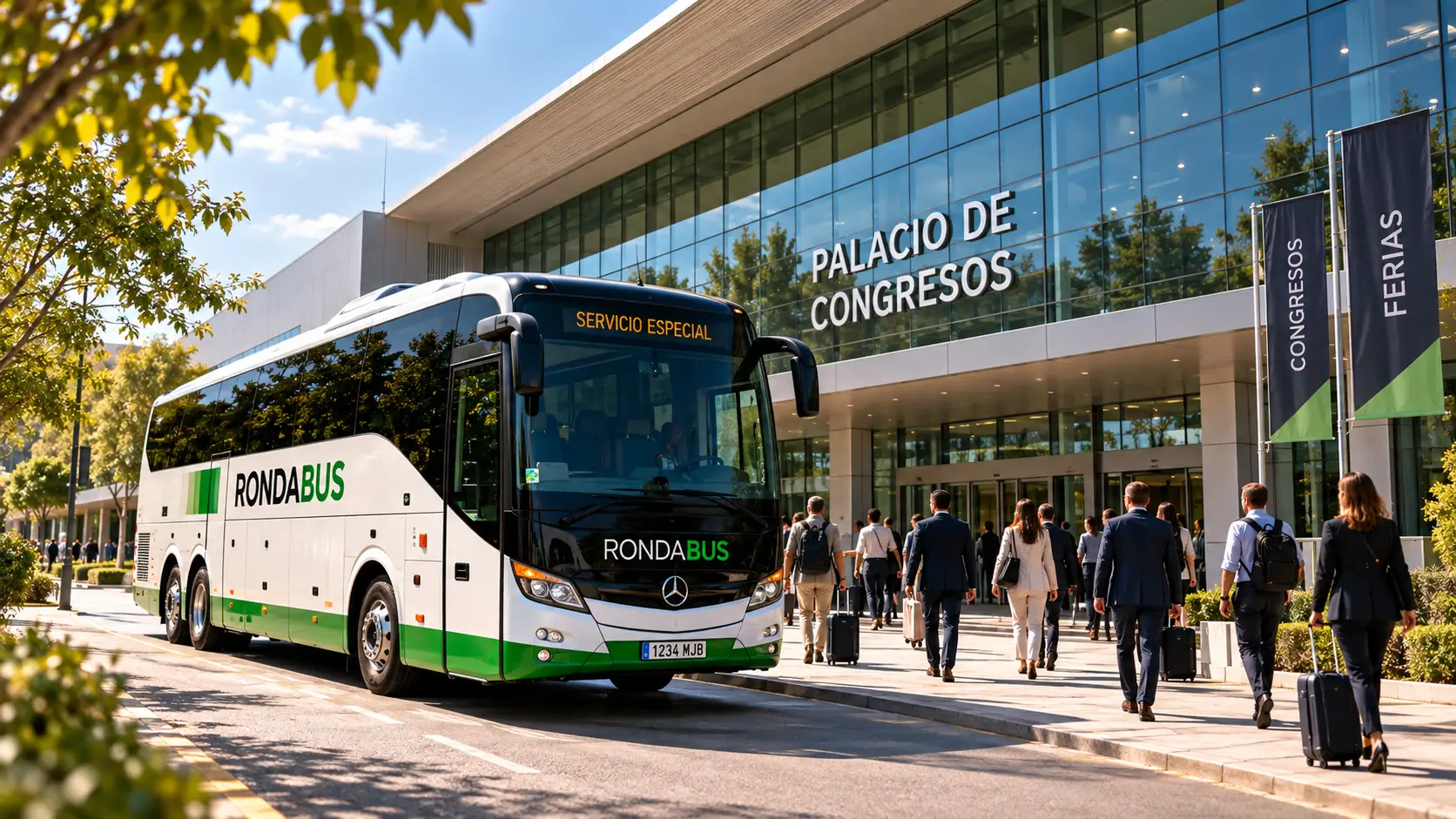Asistentes a un congreso junto a un autobús de Rondabus